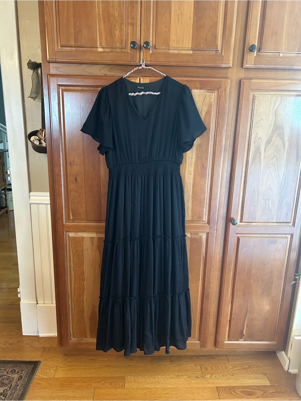 Mikarose Black V-Neck Tiered Maxi Dress with Flutter Sleeves